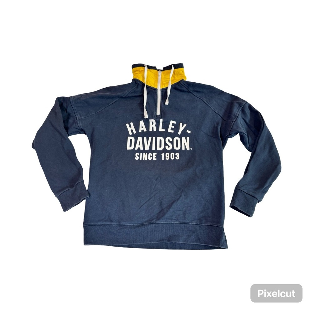 Harley-Davidson Mens Slim Fit Quarter Zip Sweatshirt Navy Blue Yellow Medium